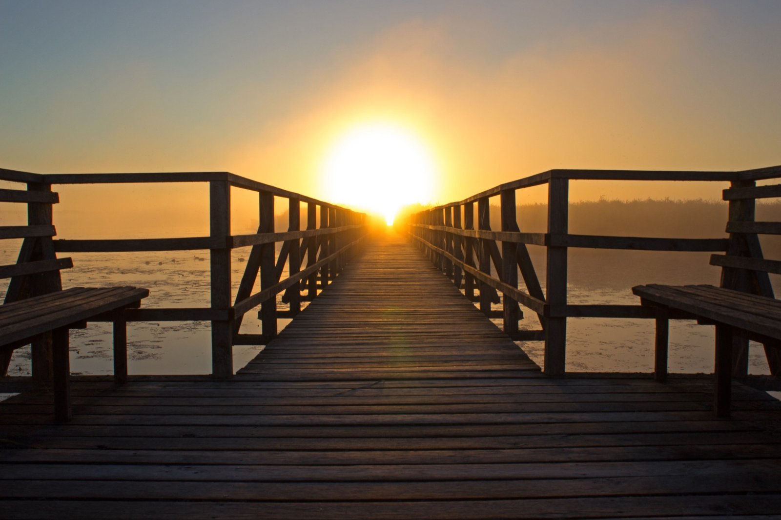 A wooden path leading toward a bright sunrise
